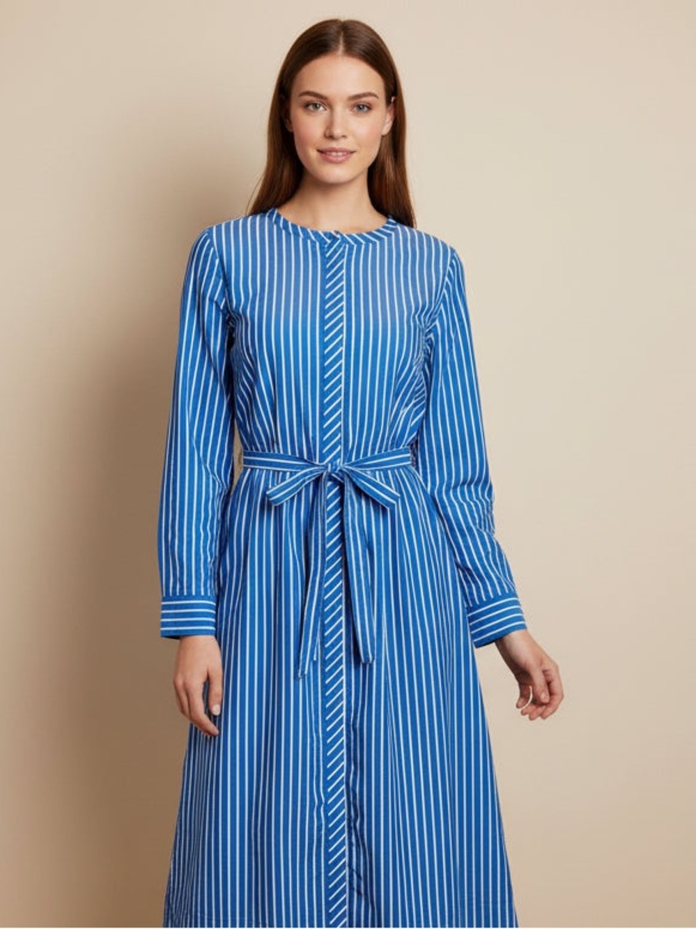 Classic Blue Stripe Long-Sleeve Tie-Waist Dress